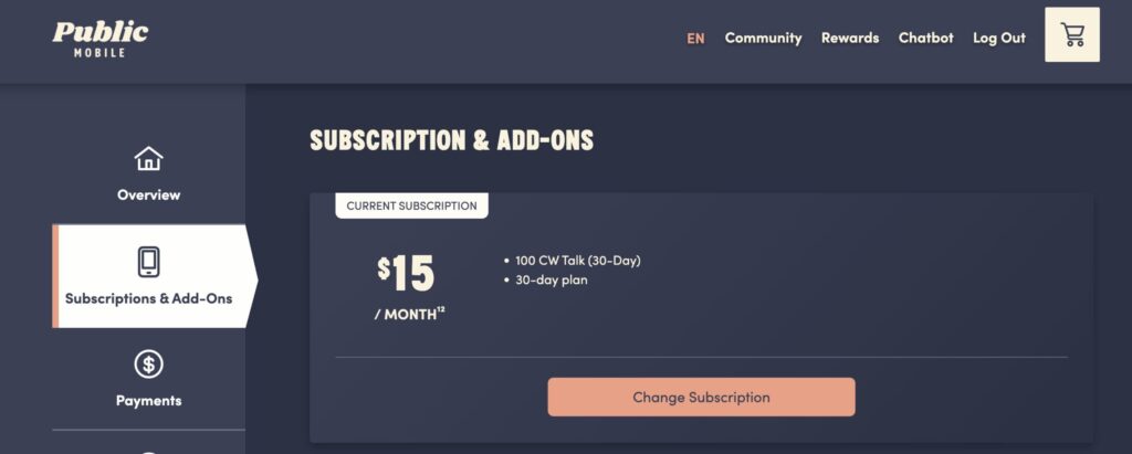 Public Mobile Change Subscriptoionをクリック
